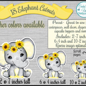 Baby Girl yellow Elephant cutouts party decorations Girl elephant baby shower It&#39;s a Girl Sunflower Elephants 1st Birthday decor 18 Die cuts