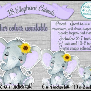 Girl Baby Elephant cutout decoration Sunflower Elephant baby shower Purple It&#39;s a Girl watercolor sleeping elephant 1st Birthday 18 Die cuts