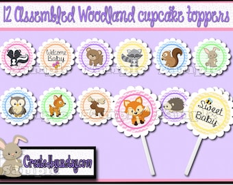 Woodland Cupcake Toppers Woodland Baby girl shower Decorations Custom forest animal favors cupcake pick cake topper cupcake top 12 assembled