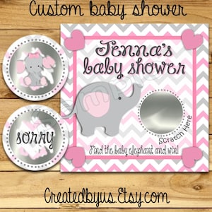 Girl Baby Shower game Baby girl shower ideas Custom game cards Elephant Baby shower Scratch off card Scratch off favor 12 Precut printed