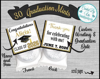 Graduation Mint Favors Class of 2026 Printed Mint Topper Black Gold Graduation Party mints Personalized Party Favors Thank you favors Precut