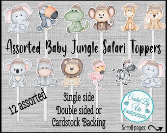 Baby Jungle Safari Cupcake Toppers Safari Baby shower toppers Jungle Birthday party cupcake picks Double Sided cupcake topper 12 assembled