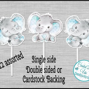 Baby Boy Elephant Cupcake Toppers Watercolor Cute teal elephant Baby shower Birthday party cupcake picks Double Sided cake top 12 assembled