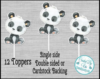 Boy Baby Panda Cupcake Toppers Watercolor Cute Panda Baby shower Birthday party favors cupcake picks Double Sided cake topper 12 assembled