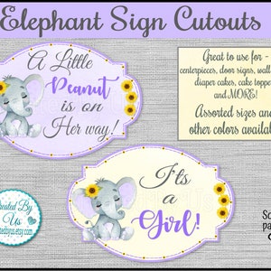Baby Girl Purple sunflower elephant cutouts Baby Elephant cake topper It&#39;s a Girl / A little Peanut Baby Shower centerpiece decor door sign