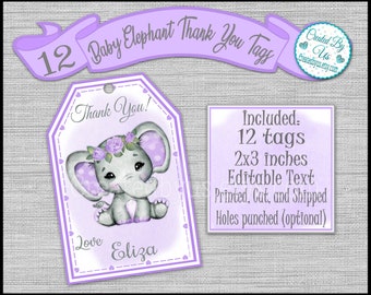 Baby girl Elephant Thank you tags PERSONALIZED Floral Elephant baby shower Party favors birthday party tags Custom gift tags 12 PRECUT