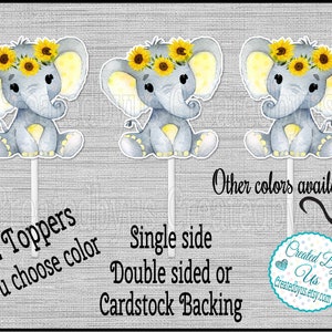 Baby Girl Elephant Cupcake Toppers Watercolor elephant with Sunflowers Baby shower party cupcake picks Double Sided cake top 12 assembled