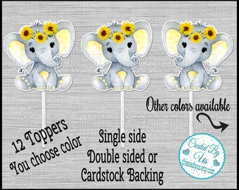 Baby Girl Elephant Cupcake Toppers Watercolor elephant with Sunflowers Baby shower party cupcake picks Double Sided cake top 12 assembled