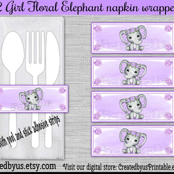 Baby girl Elephant Napkin wraps Baby shower Decoration purple Baby elephant napkin bands Paper napkin ring holder utensil wrap 12 printed