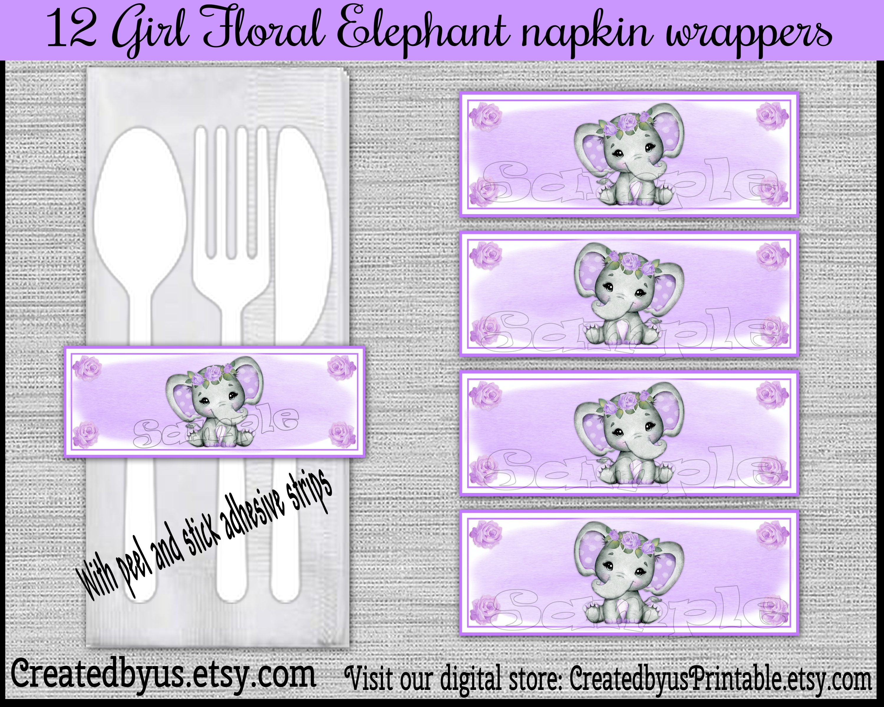 Baby girl Elephant Napkin wraps Baby shower Decoration purple Baby elephant napkin bands Paper napkin ring holder utensil