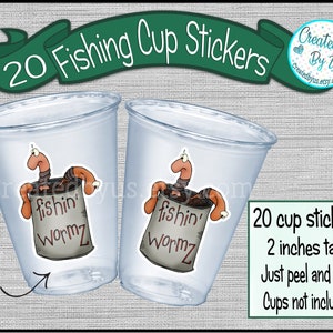 Fishing party cup stickers Bait Cup stickers The Big One fishing Disposable cup stickers Fishing First Birthday Fishing Treat bag stickers