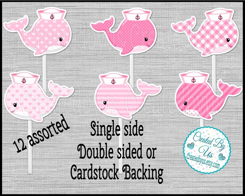 Whale Cupcake Toppers Girl whale Baby shower Nautical Birthday party favors cupcake picks Double Sided cake topper cup cake 12 assembled image 1