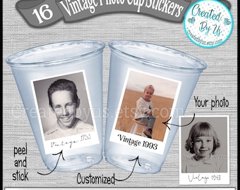 Vintage party cup stickers Photo cup stickers Birthday cup stickers Retro Disposable cup sticker Custom Treat bag stickers face stickers