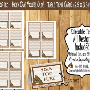Holy Crap tent cards Over the hill Poop Birthday tent cards Name cards Place cards Table decorations You're Old food labels 12 PRECUT