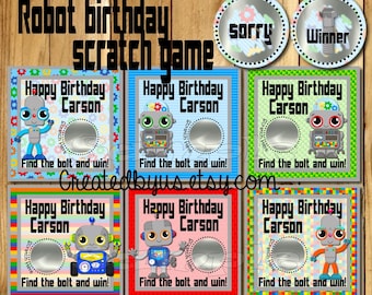 Happy Birthday Scratch Off Cards Robot Birthday Party game cards Party Scratch off ticket Robot birthday game ideas custom 12 Precut