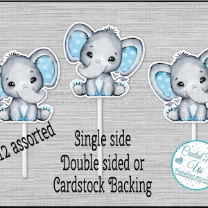 Baby Boy Elephant Cupcake Toppers Watercolor elephant Baby shower Birthday party favors cupcake picks Double Sided cake topper 12 assembled