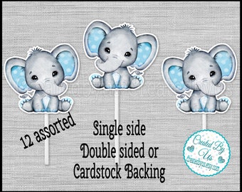 Baby Boy Elephant Cupcake Toppers Watercolor elephant Baby shower Birthday party favors cupcake picks Double Sided cake topper 12 assembled