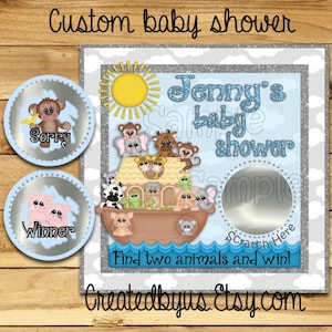 Twins Baby Shower scratch off game Baby shower ideas Custom game cards Noahs Ark Baby shower Scratch off cards Scratchers 12 Precut printed