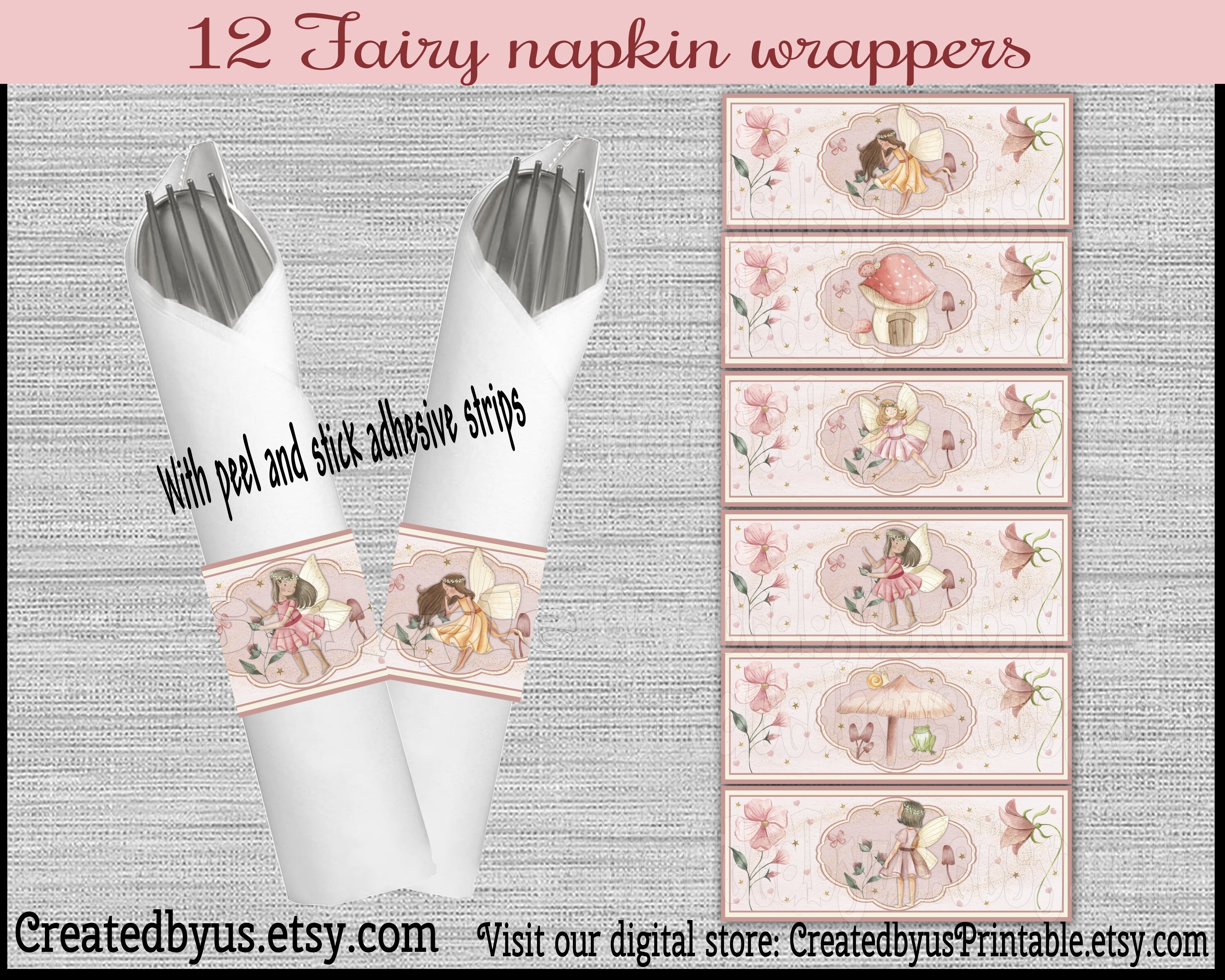 Fairy napkin wraps Enchanted Birthday Decorations Fairy Baby shower napkin bands Paper napkin ring holder utensil wrappers 12