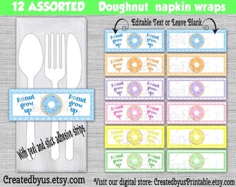 Doughnut Napkin wraps Baby shower Decorations Donut grow up Birthday party napkin band Paper napkin ring holder wrappers 12 peel and stick