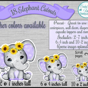 Baby Girl purple Elephant cutouts party decorations Girl elephant baby shower It&#39;s a Girl Sunflower Elephants 1st Birthday decor 18 Die cuts