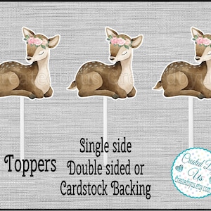 Baby Girl Deer Cupcake Toppers Oh Deer Baby shower Baby Deer Girl party cupcake picks floral deer Double Sided fawn cake topper 12 assembled