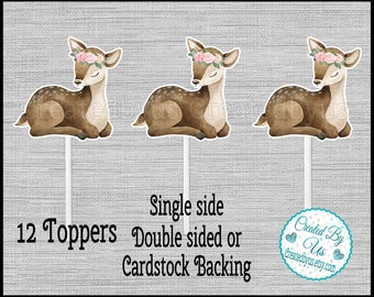 Baby Girl Deer Cupcake Toppers Oh Deer Baby shower Baby Deer Girl party cupcake picks floral deer Double Sided fawn cake topper 12 assembled