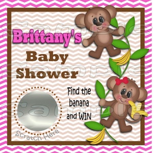 Baby Scratch off cards Monkey Baby girl Shower Game Scratch tags Party Scratch off game Favor Invitations Scratch off tags 12 Precut printed