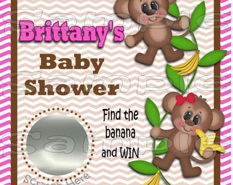 Baby Scratch off cards Monkey Baby girl Shower Game Scratch tags Party Scratch off game Favor Invitations Scratch off tags 12 Precut printed