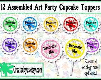 Art party Cupcake toppers Paint Splatter Cupcake Toppers  Paint party birthday Decorate me Art Party Birthday picks cake topper 12 assembled