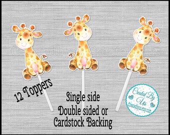 Baby Boy Giraffe Cupcake Toppers Boy Baby giraffe Baby shower party Jungle Safari cupcake picks Double Sided cake toppers Zoo 12 assembled