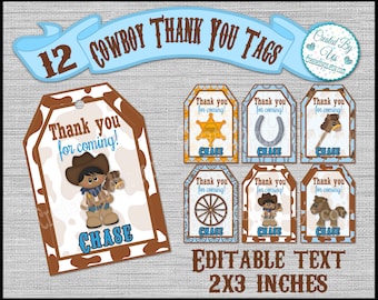 Cowboy Thank you tags PERSONALIZED Cow boy Birthday tags Cowboy baby shower brown skin Cowboy Party favors Custom Gift tag 12 PRECUT AA