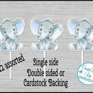 Boy Elephant Cupcake Toppers Watercolor Cute elephant Baby shower Birthday party favors cupcake picks Double Sided cake topper 12 assembled