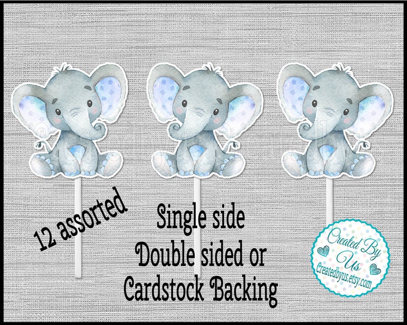 Boy Elephant Cupcake Toppers Watercolor Cute elephant Baby shower Birthday party favors cupcake picks Double Sided cake topper 12 assembled image 1