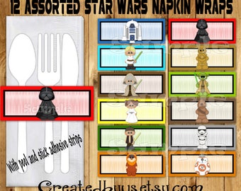 Space wars Napkin wraps Star Jedi Birthday Decorations baby shower napkin band Paper napkin ring holder utensil wrapper 12 peel and stick