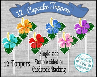 Luau Cupcake Toppers Hibiscus cupcake toppers Hawaiian themed Party decor Hawaii birthday cupcake picks Hibiscus cupcake topper 12 assembled