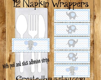 Baby Elephant Napkin wraps Baby boy elephant shower Decorations Baby elephant napkin bands Paper napkin ring holder utensil wraps 12 printed