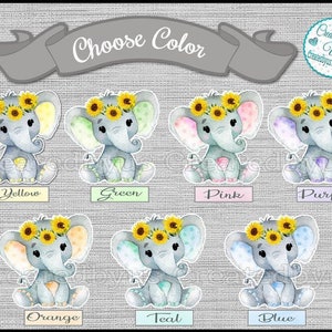 Baby Girl Elephant Cupcake Toppers Watercolor elephant with Sunflowers Baby shower party cupcake picks Double Sided cake top 12 assembled image 2