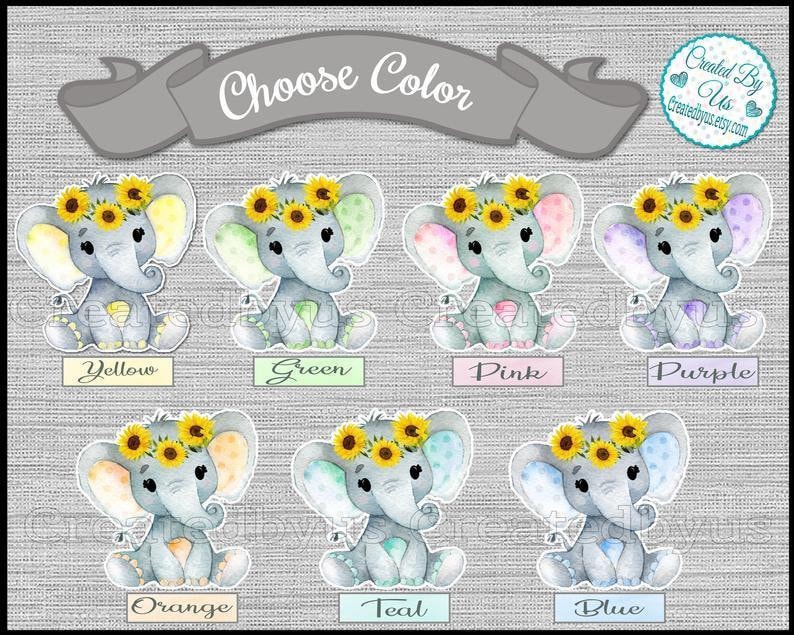 Baby Girl Elephant Cupcake Toppers Watercolor elephant with Sunflowers Baby shower party cupcake picks Double Sided cake top 12 assembled image 2