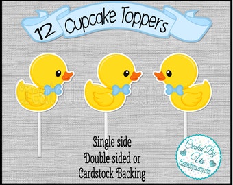 Baby Boy rubber duck Cupcake Toppers Boy Baby duck Baby shower party rubber duck cupcake picks Double Sided cake toppers 12 assembled