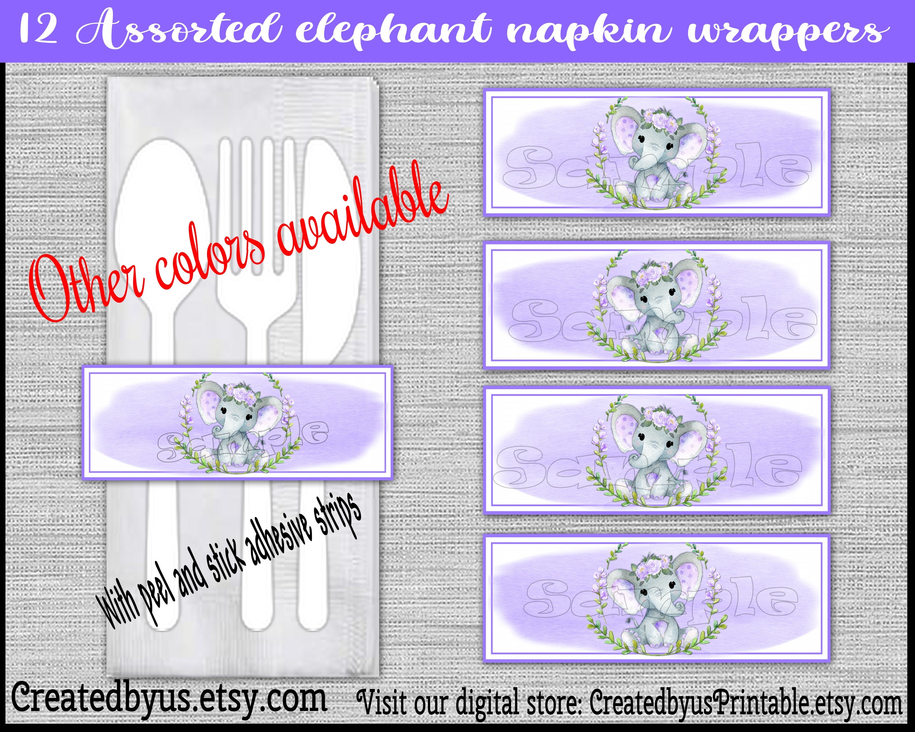 Baby girl Elephant Napkin wraps Baby girl shower Decoration Purple Baby elephant napkin bands Paper napkin holder utensil