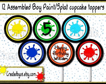 Paint party toppers Paintball Splatter Cupcake Toppers Boy Paint party birthday Decoration Paint splat cupcake pick cake topper 12 assembled