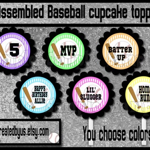 Baseball Cupcake Toppers Sports Birthday Party Decorations cupcake picks Custom Baseball favors cake topper Girl cupcake top 12 assembled