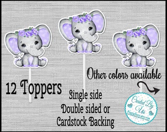 Baby Girl Elephant Cupcake Toppers Floral elephant Baby shower Birthday party cupcake picks Double Sided flower cake topper  12 assembled