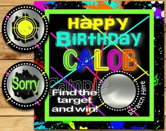 Happy Birthday Scratch Off Cards Laser tag Birthday Party game cards Party Scratch off ticket Glow birthday game ideas custom 12 Precut