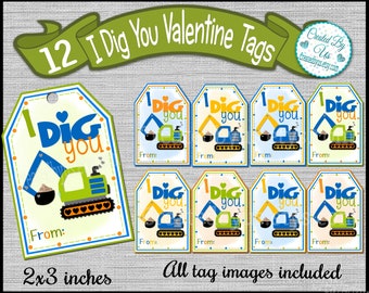 I Dig You Valentine card PERSONALIZED Valentine party favors Yellow tractor backhoe tags Shovel ideas for kid's Valentines 12 PRINTED