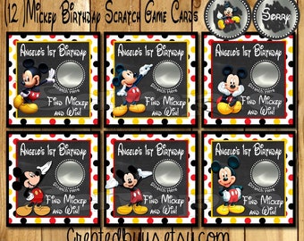 Mickey Birthday game Happy Birthday Scratch Off Cards Mickey Party ideas game cards Party Scratch off tickets lottery cards 12 Precut