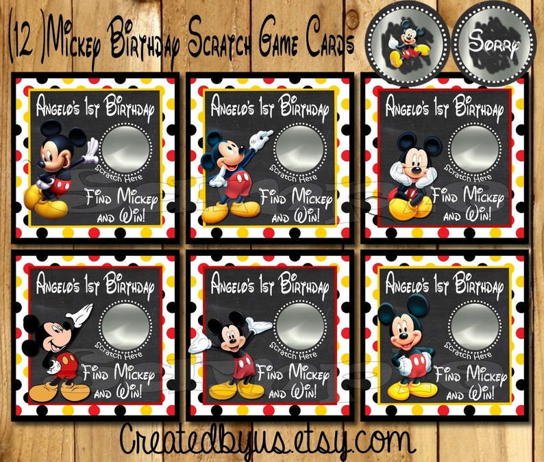 Jeu d'anniversaire Mickey Cartes à gratter Joyeux anniversaire Cartes de jeu Mickey, idées de fête, Billets de fête, cartes de loterie 12 cartes prédécoupées image 1