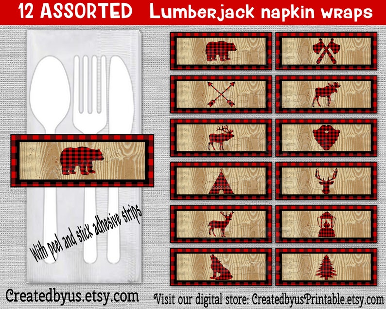 Lumberjack Napkin wraps Wilderness Baby shower Decoration Lumber jack napkin band Paper napkin ring holder utensil wraps Wild