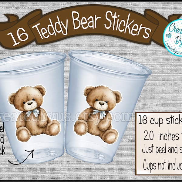 Teddy bear party cup stickers Teddy bear baby shower favors Teddy bear treat bag stickers We can bearly wait theme Disposable cup stickers